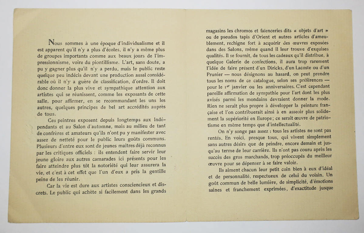 Invitation pour l'Exposition  du 5 au 20 avril, 5 Place Pigalle, des œuvres par les artistes suivants: Gustave Assire, André Barbier, Mme van Bever, Mlle Bissonnet, Mr Diricks, Mr Dufrénoy, Mlle Gobillard, Mr Lacoste, Mr léon Lebègue, Mr Lucien Mignon, Mr Morrice, Mr Bernard Naudin, Mr R. O'Conor, Mr Ouvré, Mr Joseph Pankiewicz, Mme Prevost-Roqueplan, Mr gaston Prunier, Mr léon de la Quintinie, Mr Paul Renaudot, Mr Rouart, Mr G. Roby et Mr P.E. Vibert.