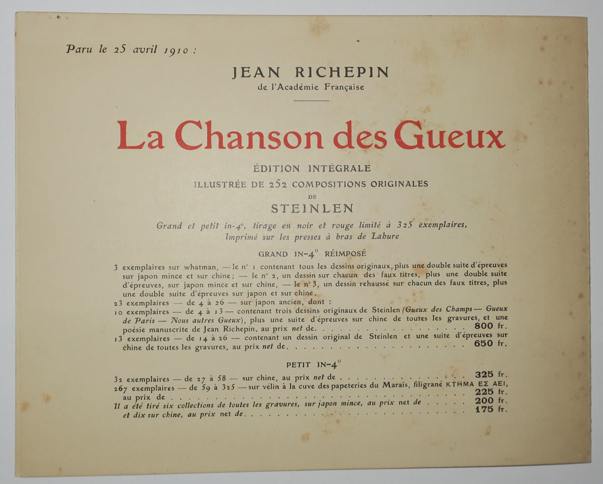 Exposition de Trois cents dessins de Steinlen, ayant servi à l'illustration de La Chanson de mon premier Livre par Jean Richepin