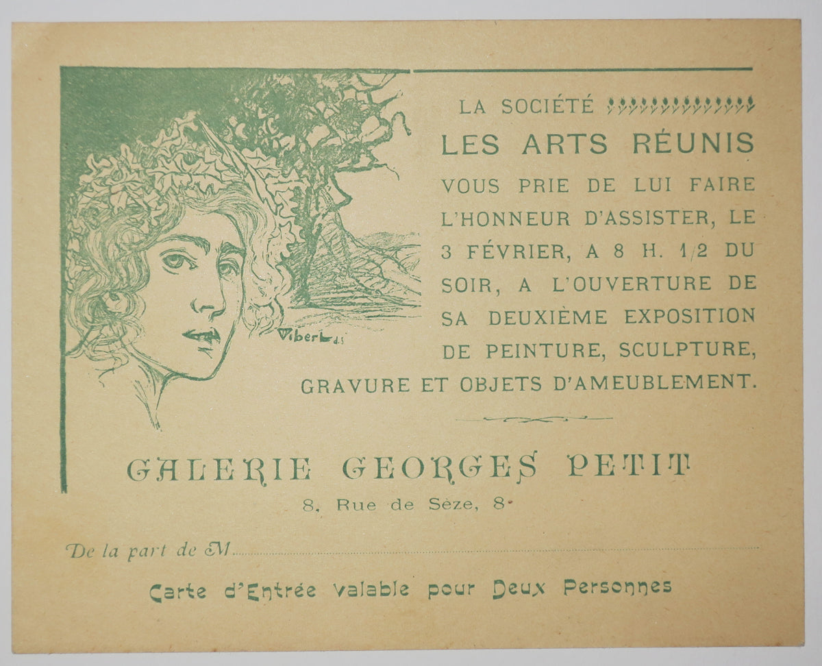 Carton d'invitation de la Société Les Arts réunis à l'ouverture de sa deuxième Exposition de peinture, sculpture, gravure et objets d'ameublement, à la Galerie Georges Petit, 8 rue de Sèze.