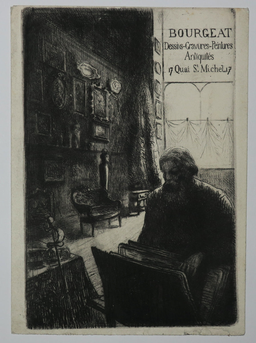 Carte adresse de Bourgeat, Marchand d'Antiquités, dessins, gravures et Peintures, 17 Quai St Michel, Paris. (Intérieur de la Galerie).
