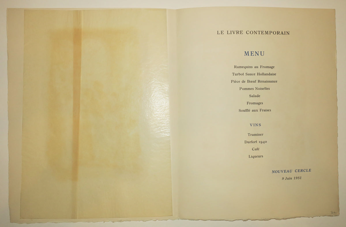 Menu du Livre Contemporain, Nouveau Cercle, le 9 juin