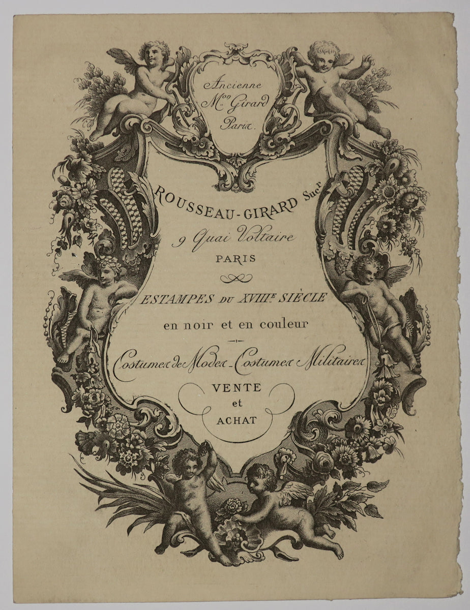 Carte adresse pour la Galerie Rousseau-Girard Succr., 9 Quai Voltaire, Paris, Estampes du XVIIIème siècle en noi et en couleur, Costumes de Modes, Costumes Militaires. Vente et Achat. (Puttis et fleurs).
