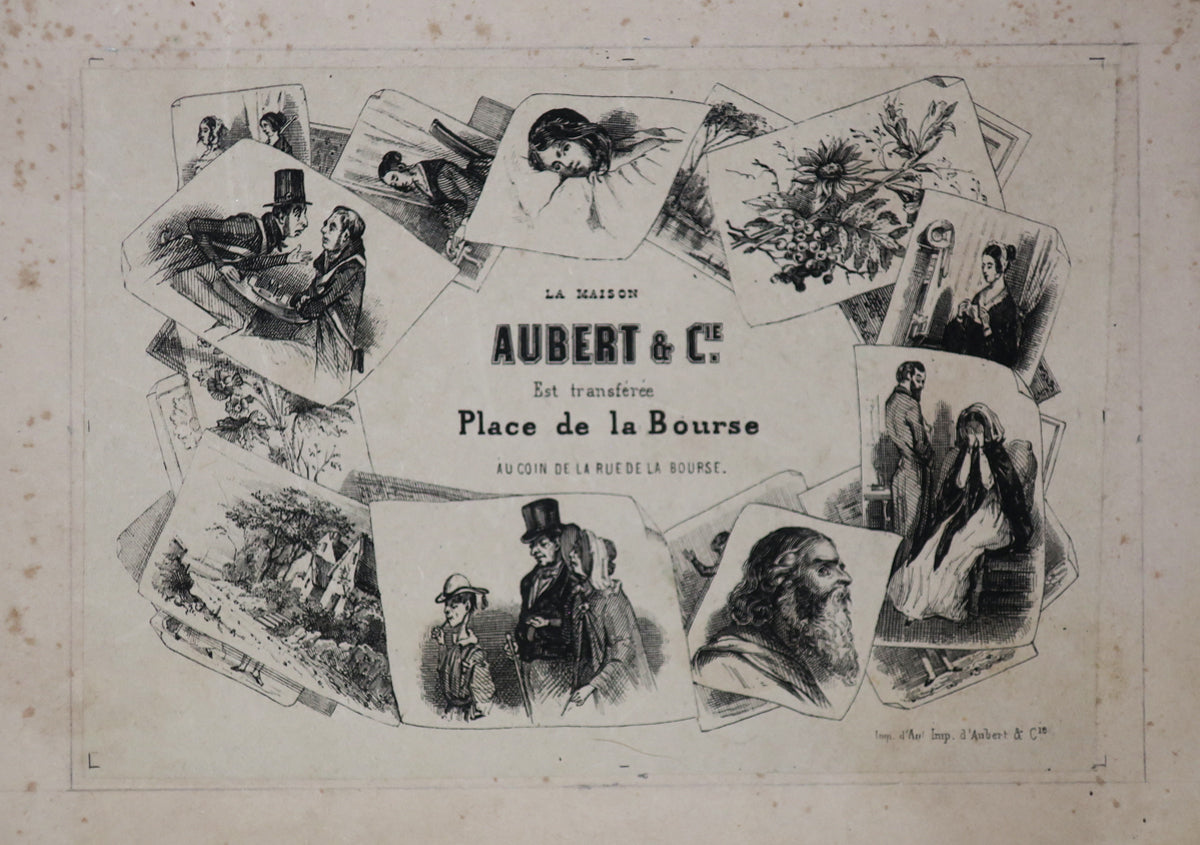 Carte adresse des Editeurs Aubert & Cie transférés Place de la Bourse au coin de la rue de la Bourse. (Diverses estampes formant un encadrement).