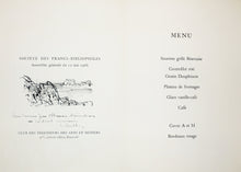 Charger l'image dans la galerie, Menu pour l'Assemblée Générale du 12 mai 1966 de la Société des Francs-Bibliophiles. Club des Ingénieurs des Arts et métiers, 9 bis avenue d'Iéna, Paris 16ème.
