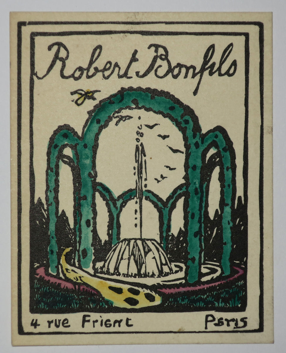 Carte adresse de l'artiste, 4 rue Friant, à Paris. (Fontaine dans un jardin).