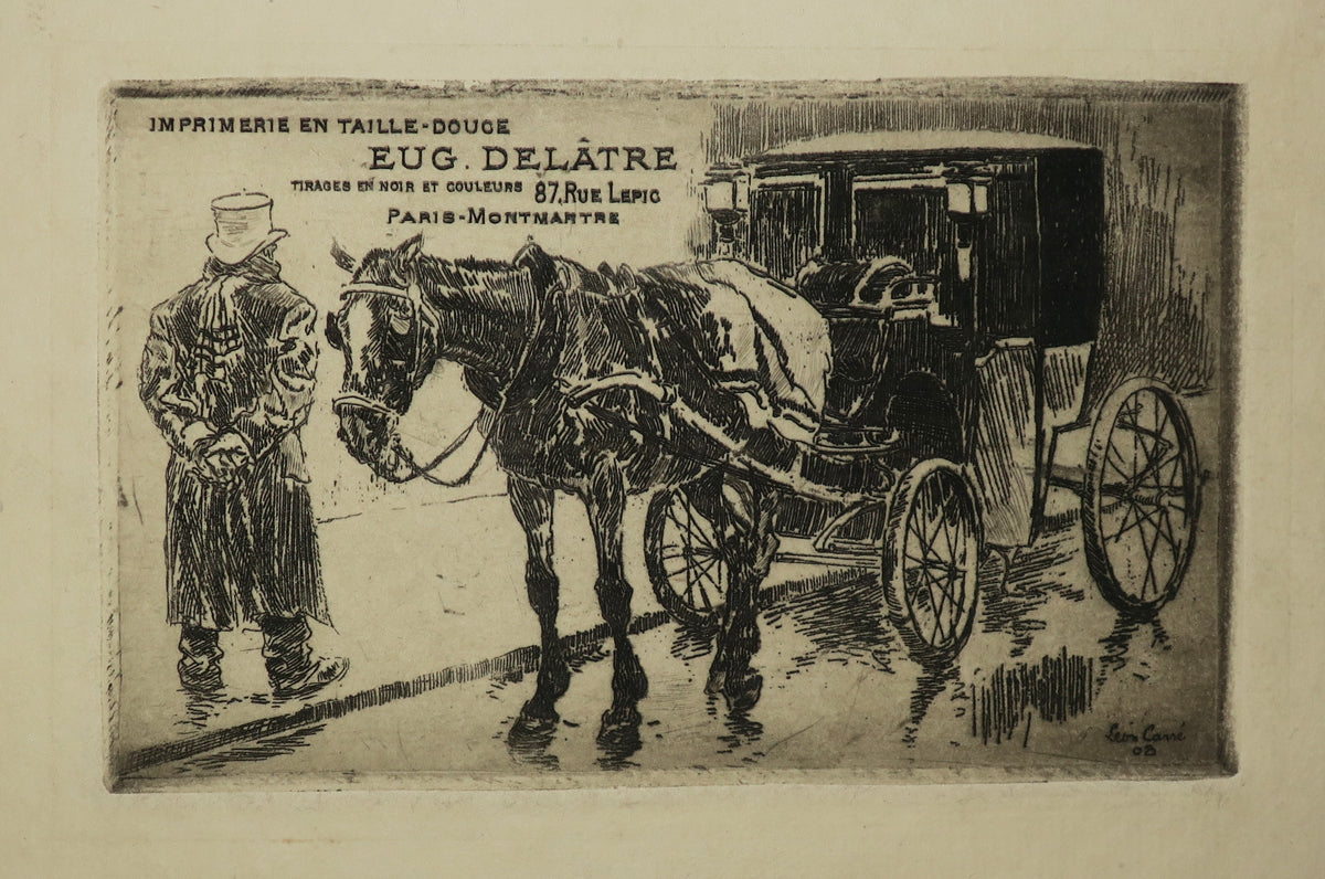 Carte adresse pour l'Imprimerie en taille-douce Eugène Delâtre, 87 rue Lepic, Paris-Montmartre. (Un attelage).