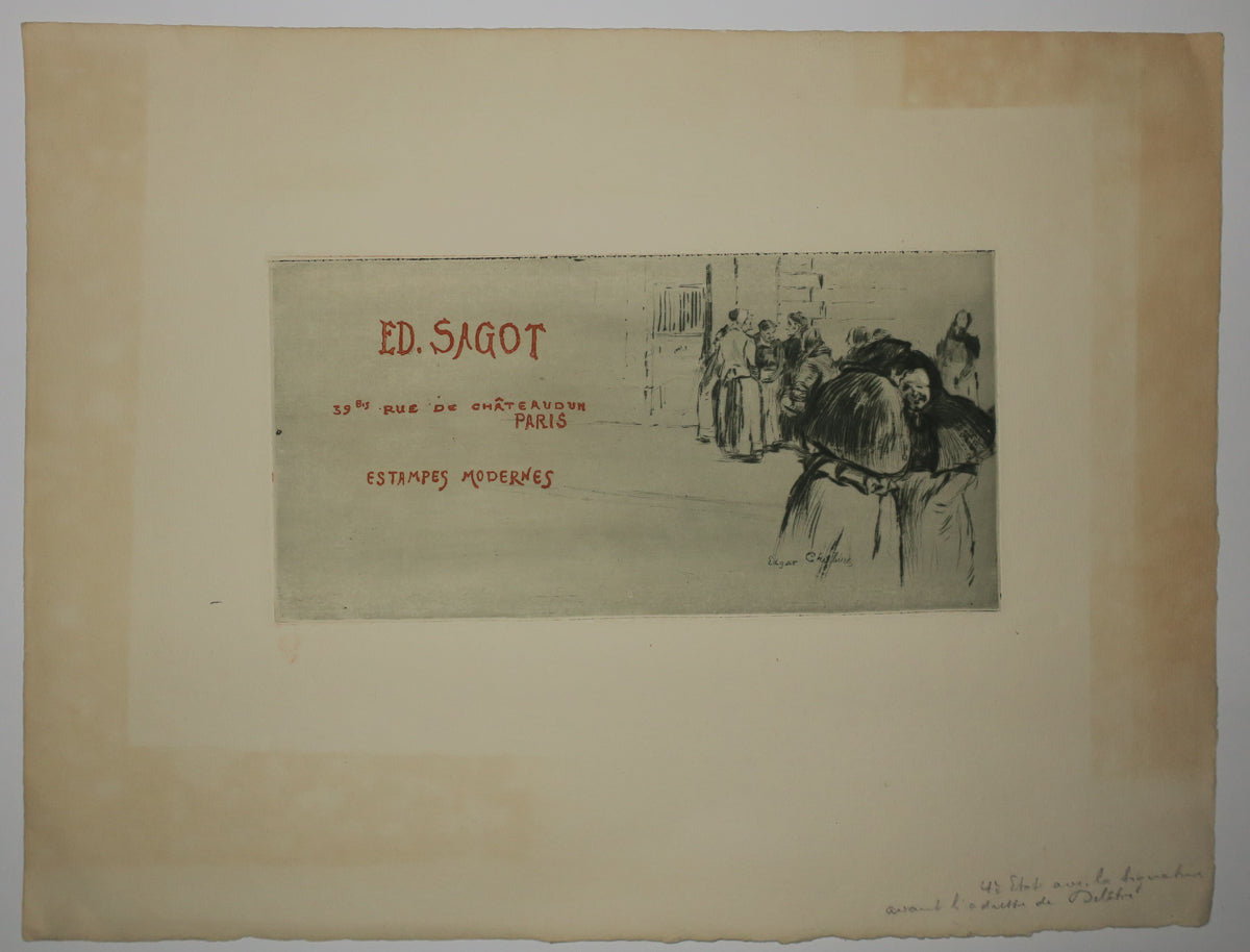 Carte adresse Ed. Sagot, 39bis Rue de Châteaudun, Paris, Estampes Modernes. (Femmes discutant dans la rue).