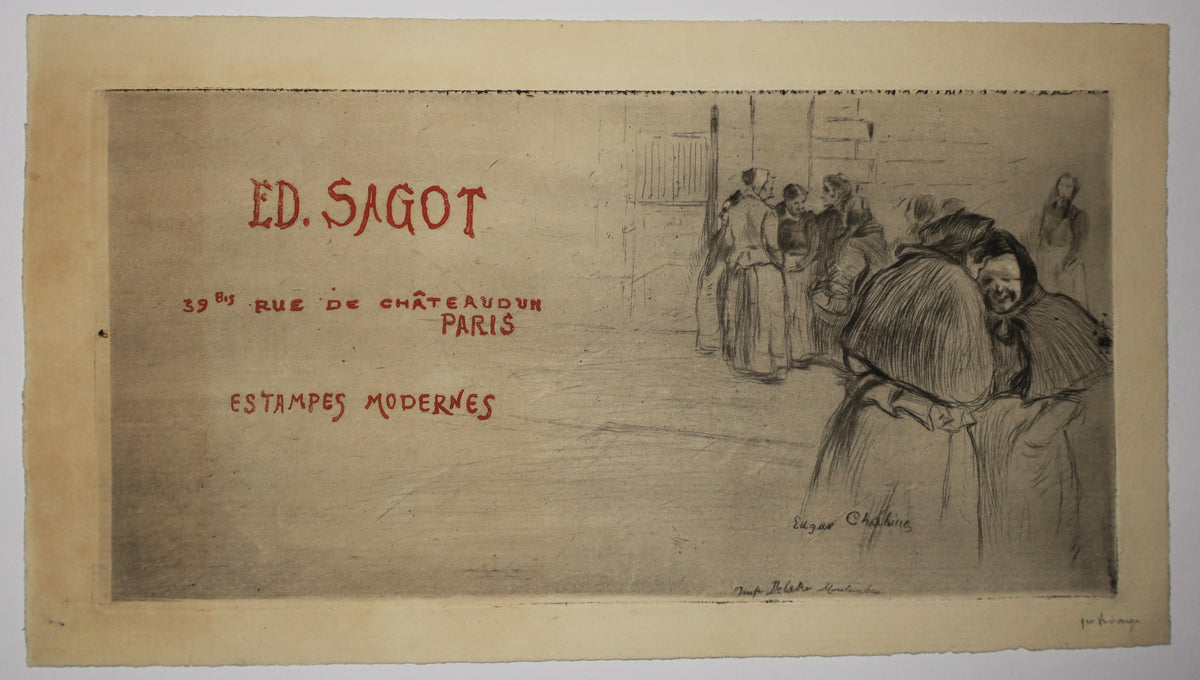 Carte adresse Ed. Sagot, 39bis Rue de Châteaudun, Paris, Estampes Modernes. (Femmes discutant dans la rue).