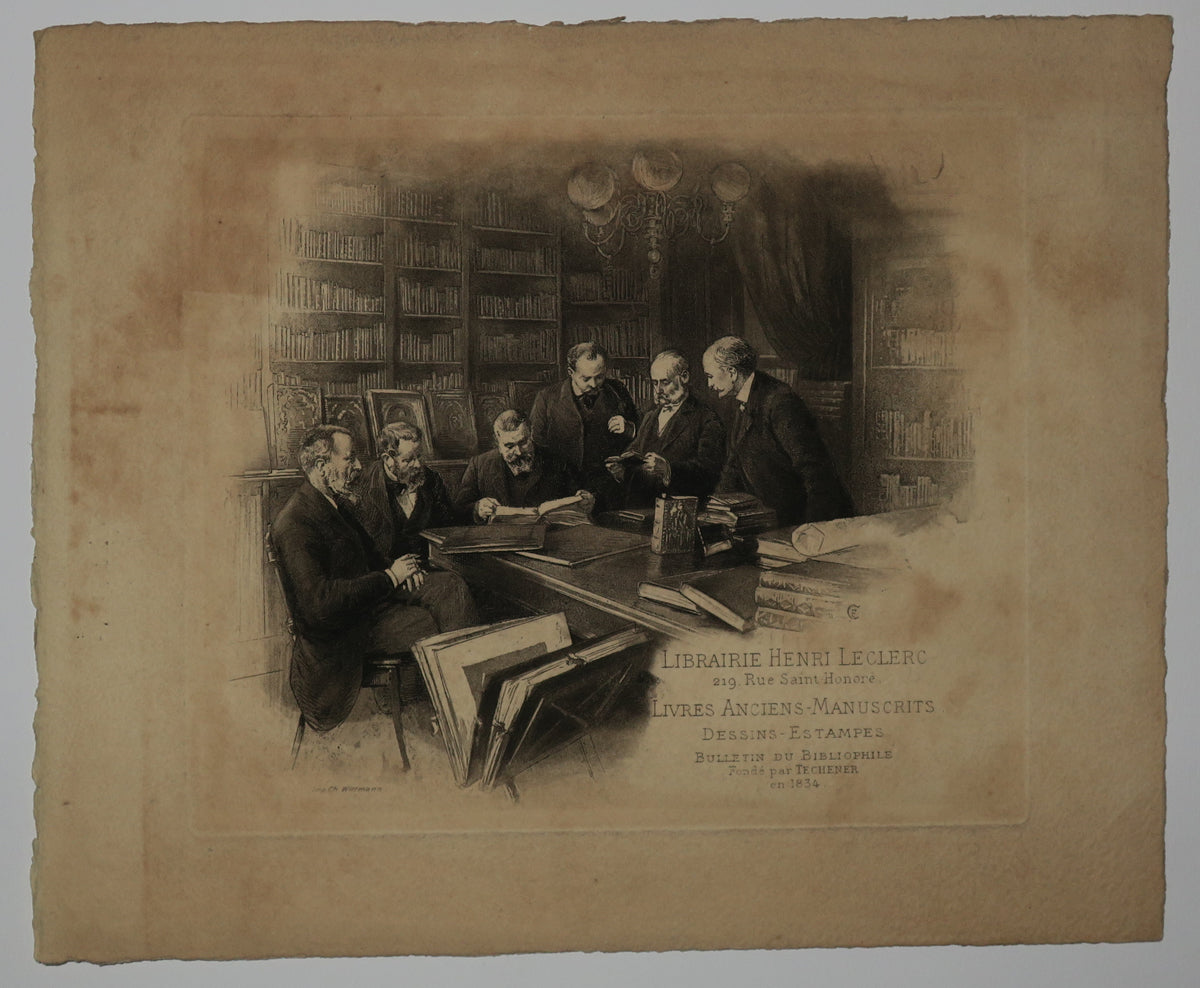 Carte adresse pour la Librairie Henri Leclerc, 219 rue Saint Honoré, Livres anciens - Manuscrits, Dessins-Estampes. Bulletin du Bibliophile, fondé par Techener en 1834.