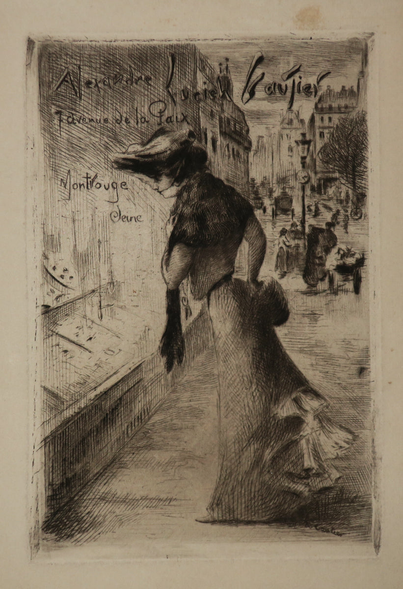 Carte adresse de l'artiste, 7 Avenue de la Paix, Montrouge Seine. (Elégante regardant la vitrine).