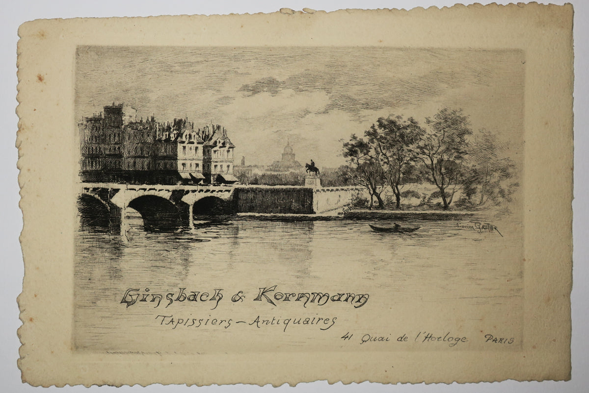 Carte adresse de Ginsback & Kornmann, Tapissiers - Antiquaires, 41 Quai de l'Horloge, Paris. (Vue à Paris).