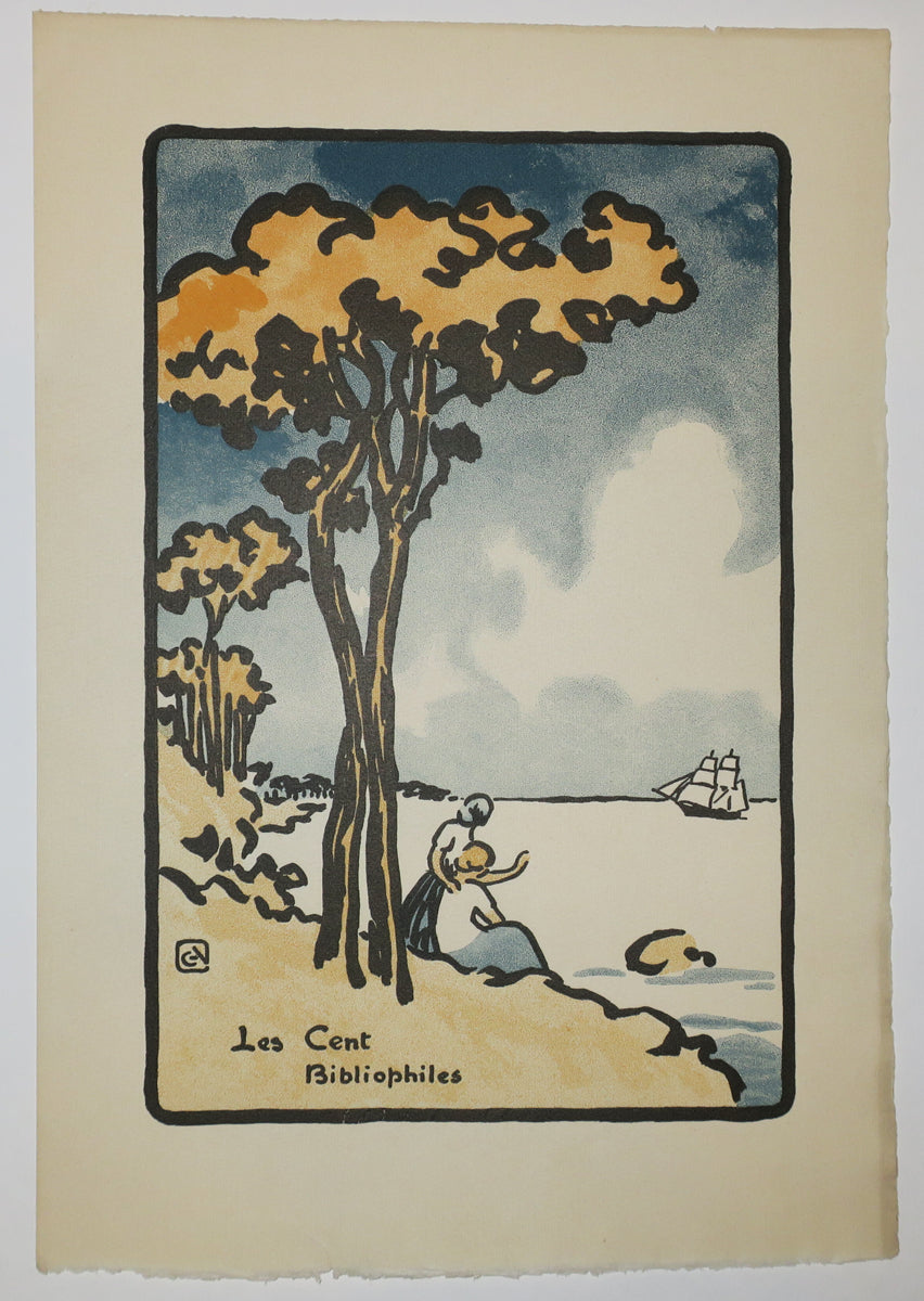 Menu pour les Cent Bibliophiles (Paysage, deux jeunes femmes faisant signe à un voilier).