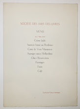 Charger l'image dans la galerie, Menu pour la Société des Amis des livres, Cercle de l'Union Artistique, le 7 mai