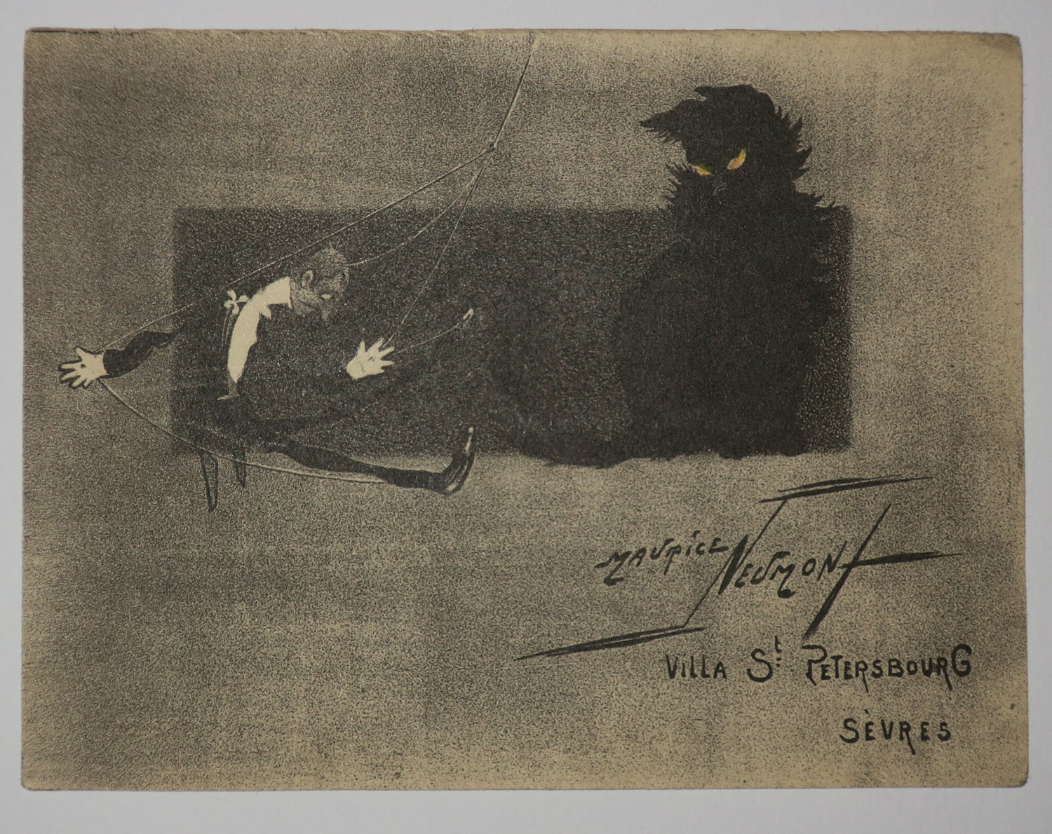 Carte adresse de l'artiste, Villa St Pétersbourg, à Sèvres. (Un pantin et un chat noir).