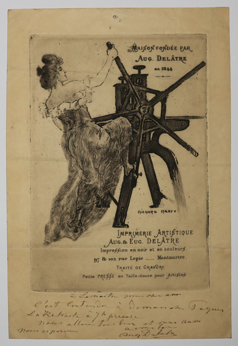 Carte adresse de l'Imprimerie artistique Auguste et Eugène Delâtre, 97 & 102 rue Lepic, Montmartre. Maison fondée par Augsute Delâtre en 1844. (Femme manipulant une presse en taille-douce).