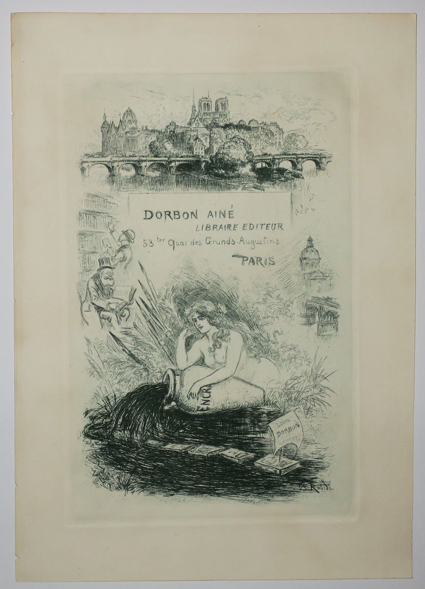 Carte adresse pour la Libraire Editeur Dorbon Ainé, 53 ter Quai des Grands Augustins, à Paris. (Vue de la Seine et Notre-Dame, Intérieur de librairie et Femme déversant un encrier).