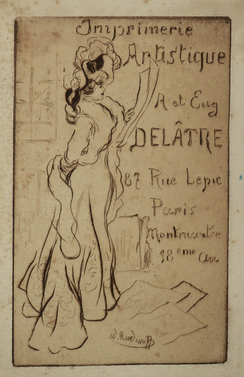 Carte adresse pour l'Imprimerie Artistique Auguste et Eugène Delâtre, 87 rue Lepic, Paris Montmartre 18ème Arrdt. (Elégante regardant des estampes).