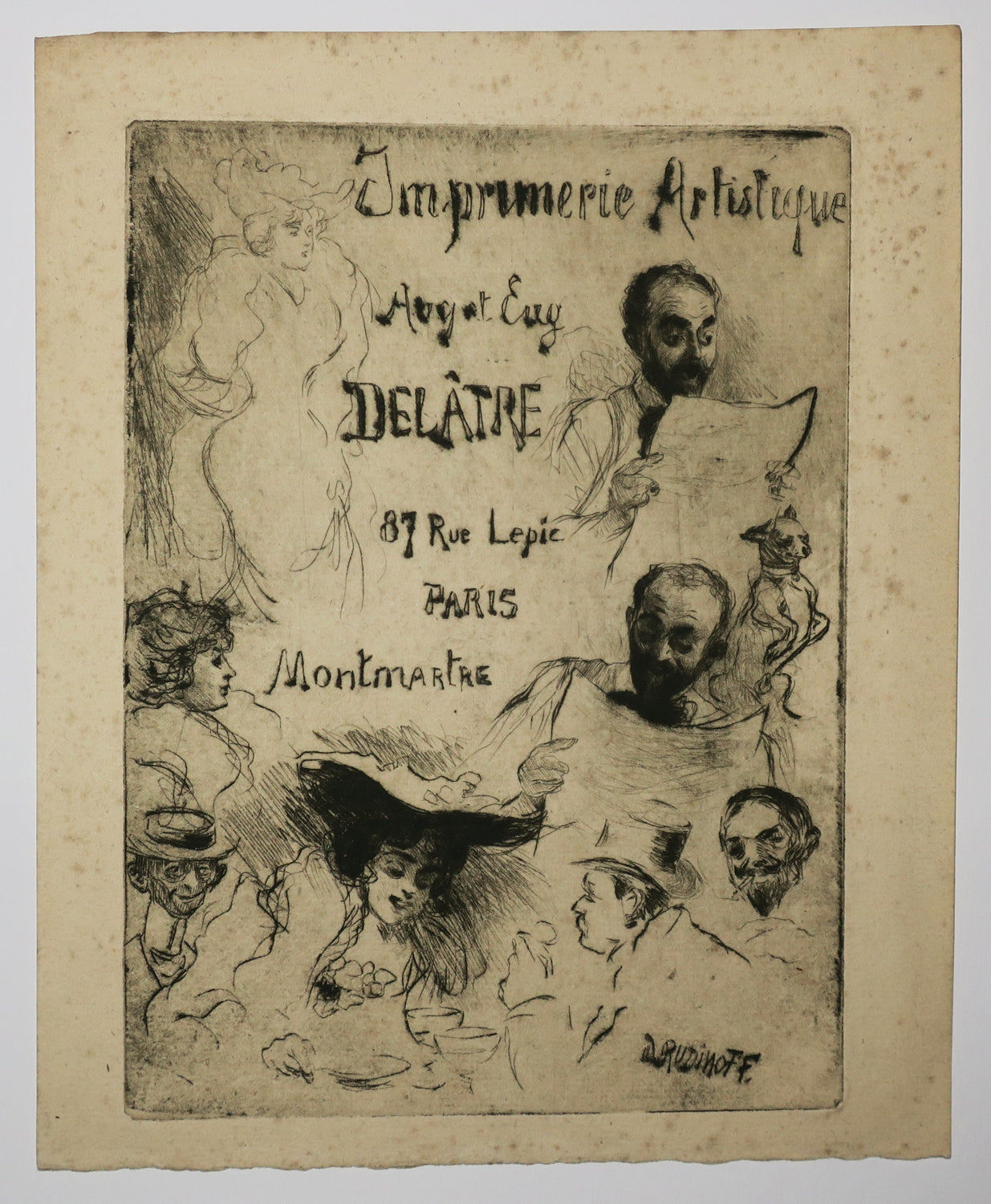 Carte adresse pour l'Imprimerie Artistique Aug. Et Eug. Delâtre, 87 rue Lepic, Paris Montmartre.