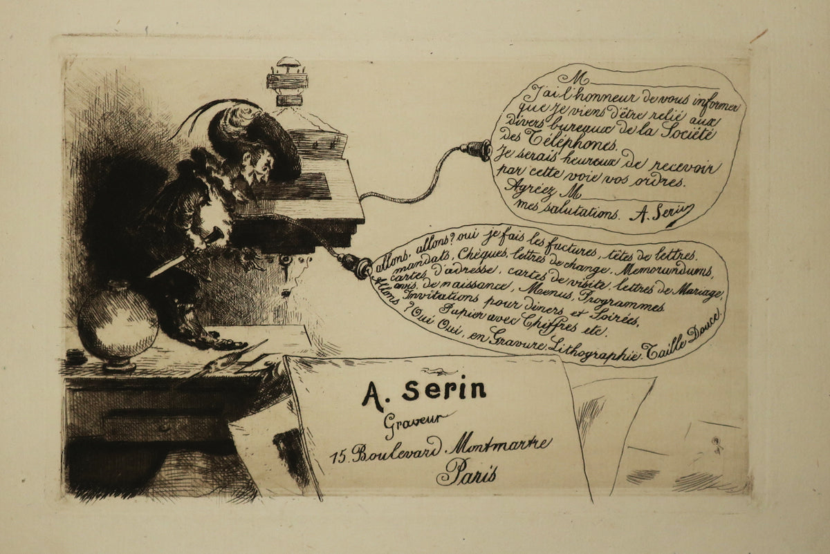 Carte adresse pour le graveur A. Serin, 15 Bd Montmartre, Paris. (Estampes affichées sur un mur).