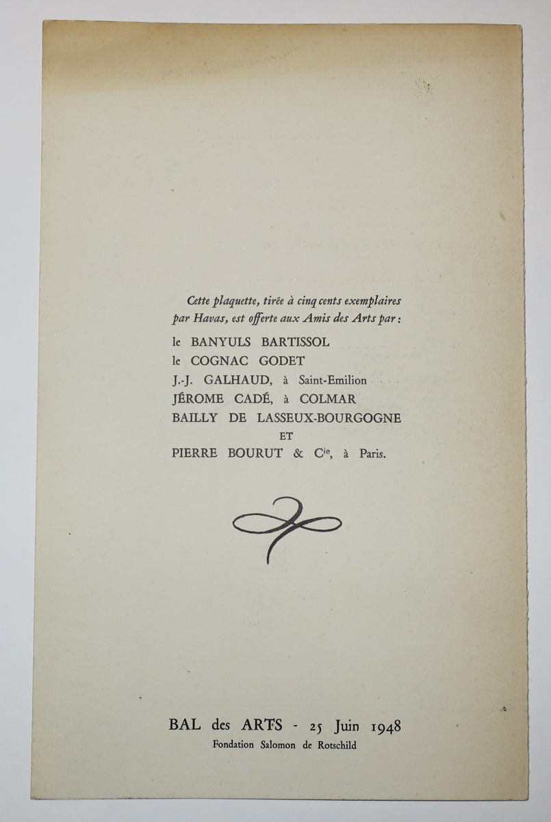 Menu pour le Bal des Arts, Fondation Salomon de Rotschild, le 25 juin