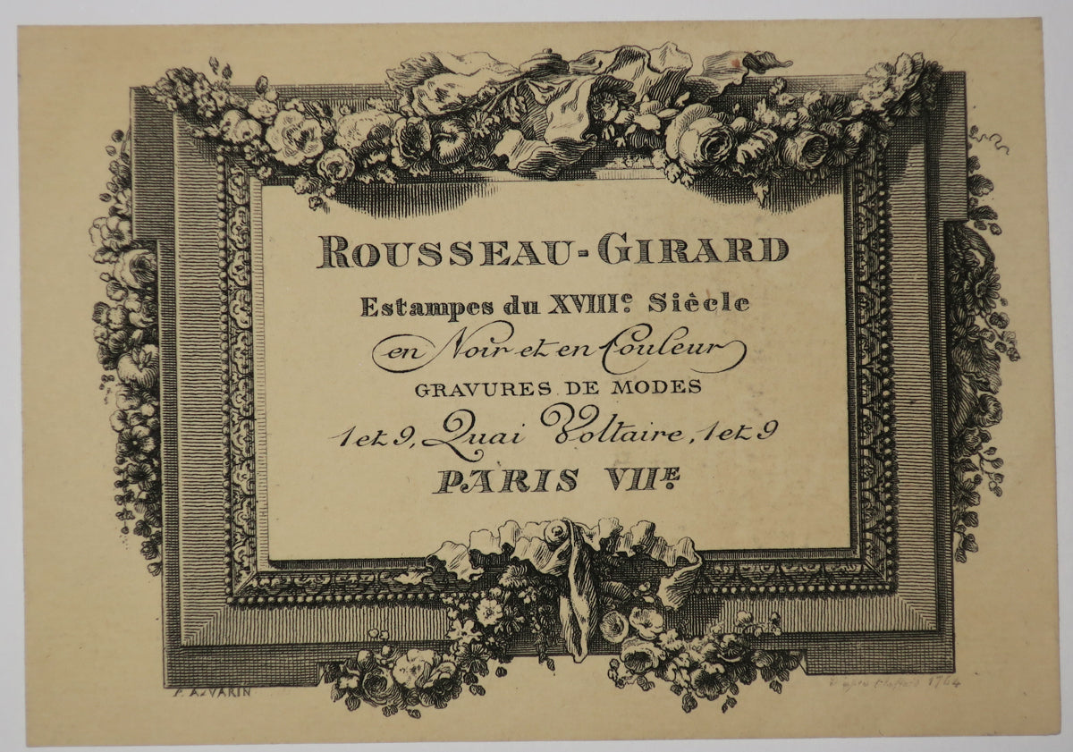 Carte adresse pour la Galerie Rousseau-Girard, Estampes du XVIIIème siècle en noir et couleur, Gravures de modes, 1 et 9 Quai Voltaire, Paris VIIème. (Cadre orné).
