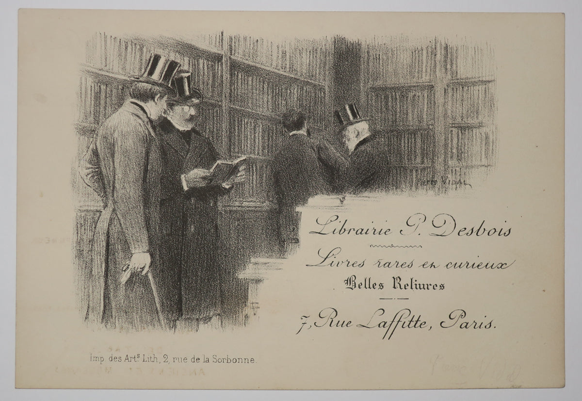Carte adresse pour la Librairie P. Desbois, Livres rares et curieux, Belles reliures, 7 rue Laffitte, Paris.