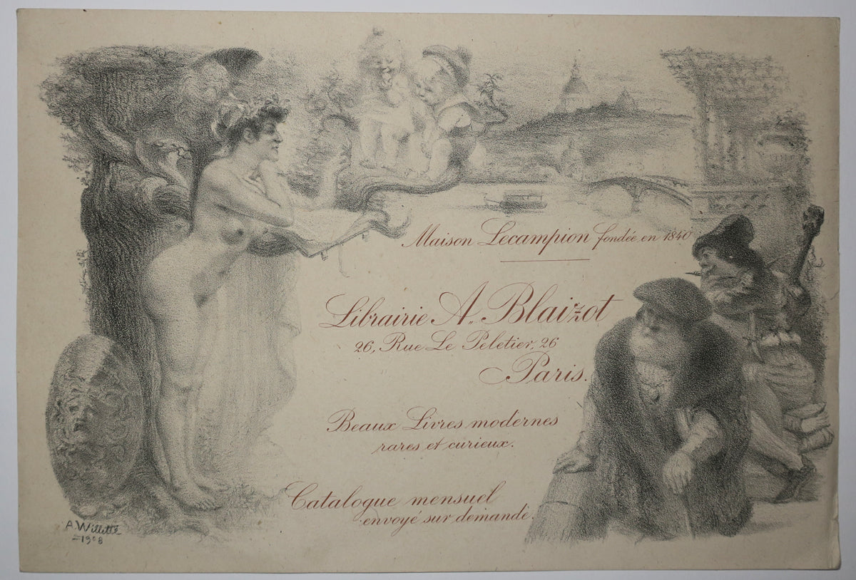 Carte adresse de la Librairie A. Blaizot, 26 rue Le Peletier, à Paris. Maison Lecampion fondée en 1840. Beaux livres modernes, rares et curieux.