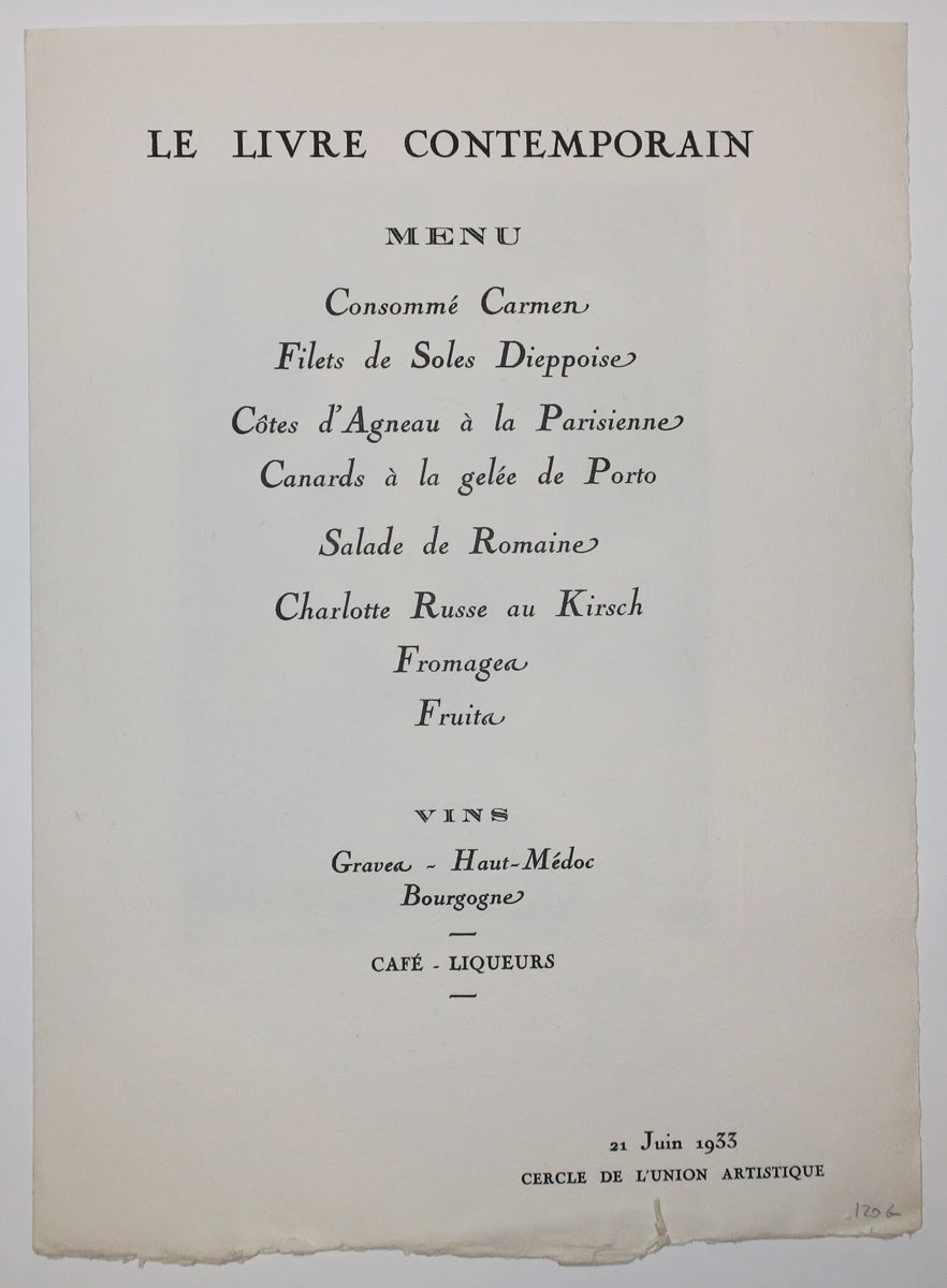 Menu du Livre Contemporain, Cercle de l'Union Artistique, le 21 juin