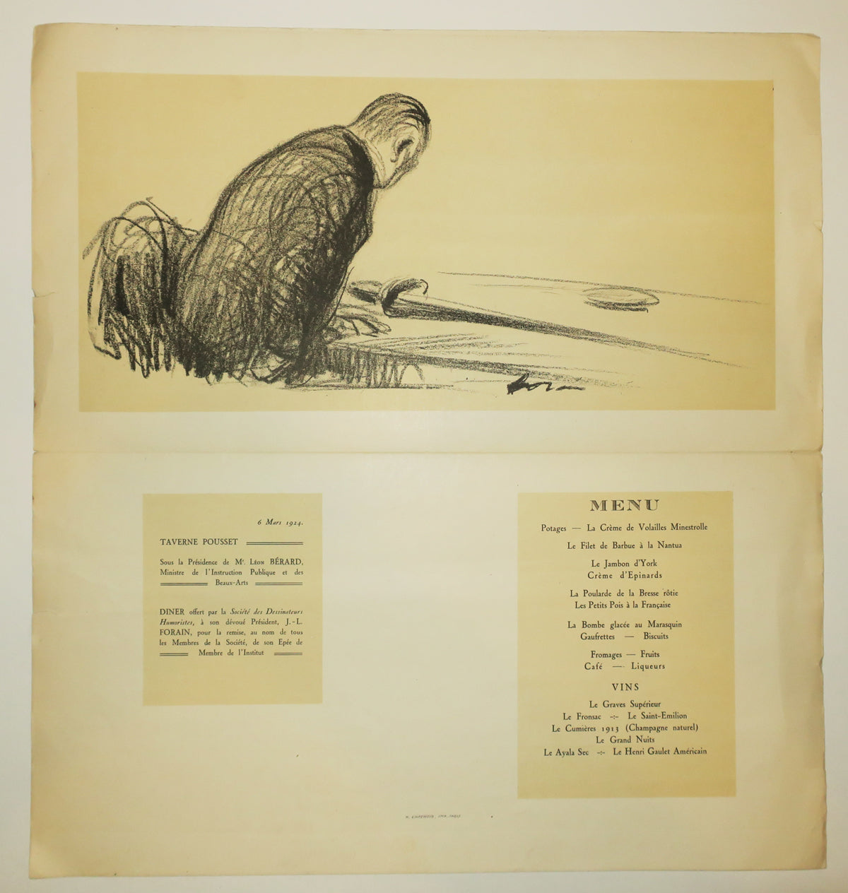 Menu du Dîner, à la Taverne Pousset, offert par la Société des Dessinateurs Humoristes, à son dévoué Président, J.L. Forain, pour la remise, au nom de tous les Membres de la Société, de son Epée de Membre de l'Institut.