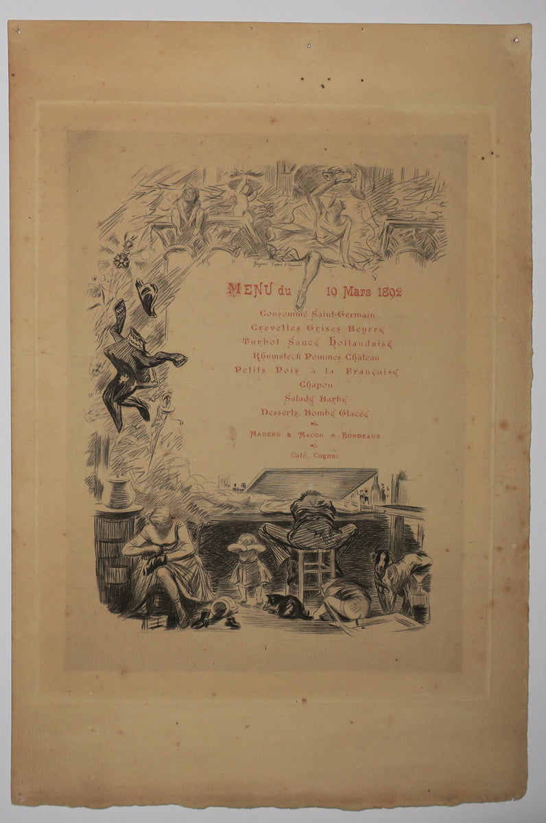 Menu du 10 mars 1892. (Divers croquis: Danseuse, Femme cirant des chaussure et un artiste dessinant ou gravant).