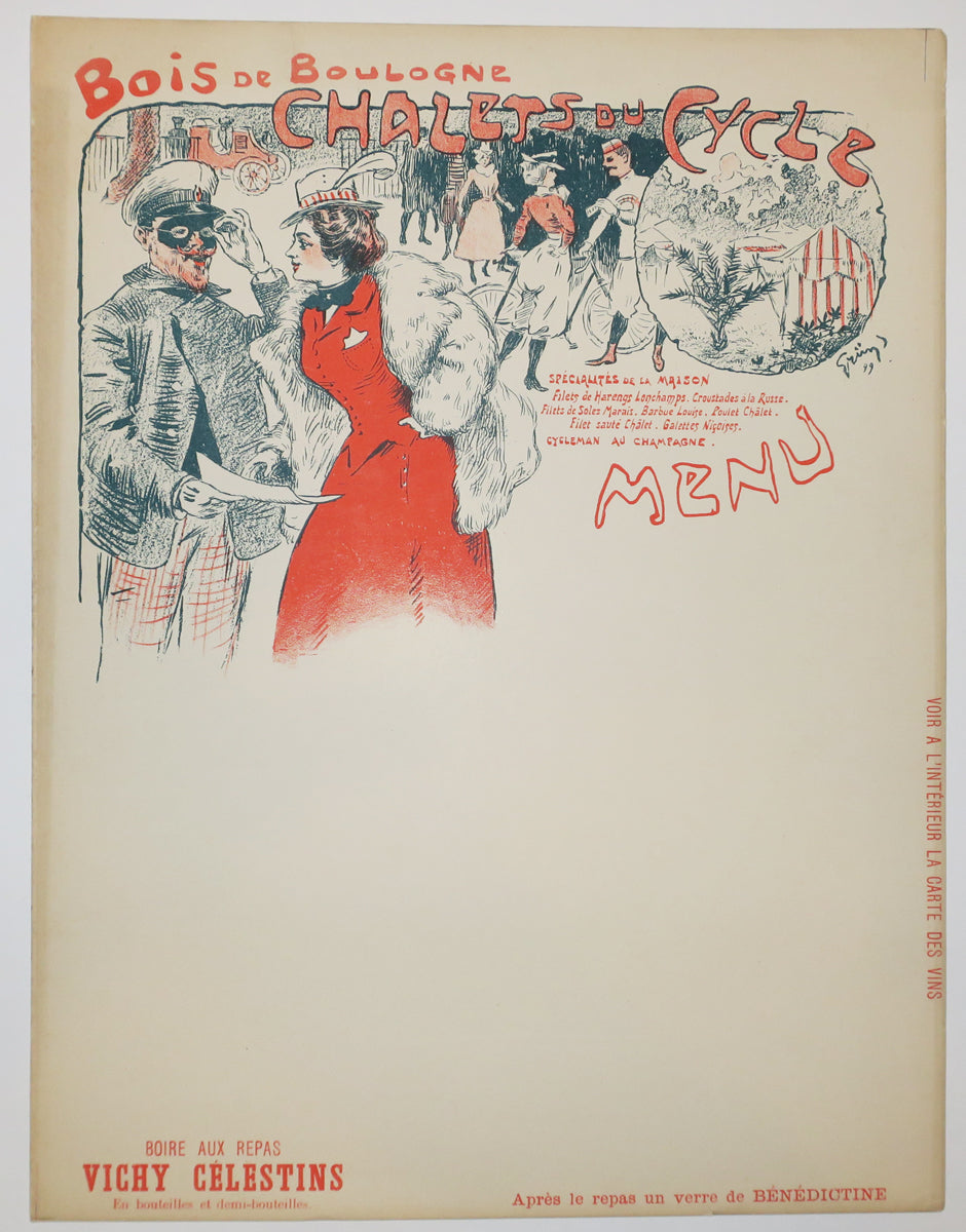 Menu pour les Chalets du Cycle, au Bois de Boulogne.  c.