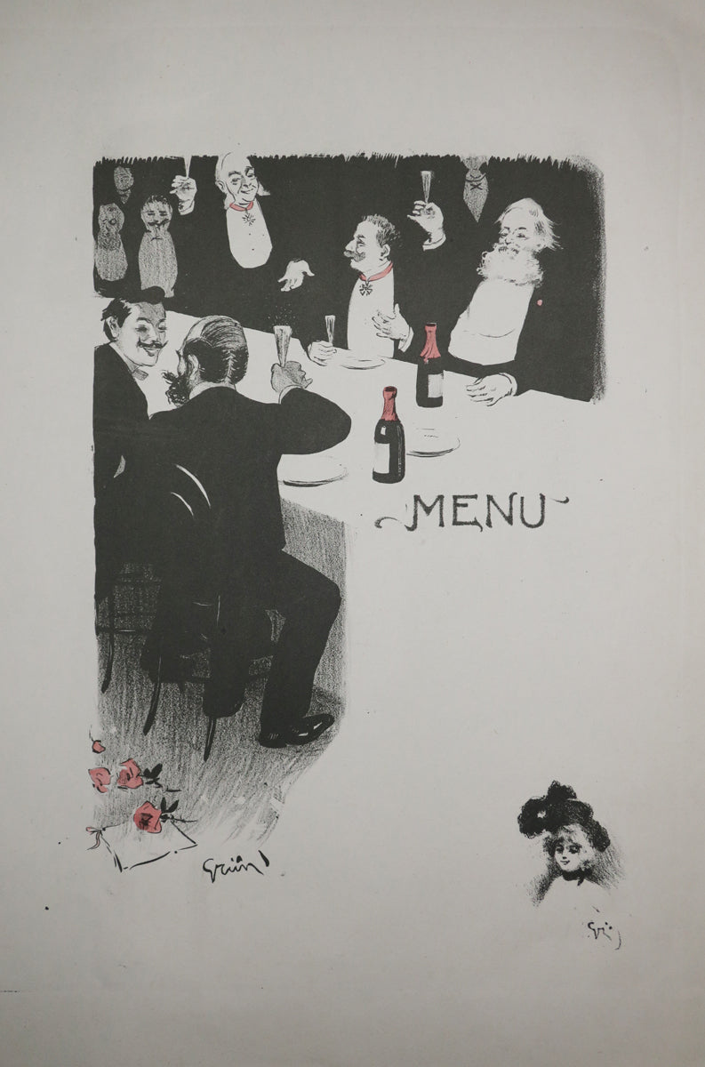 Menu. (Hommes, assis à une table, trinquant).