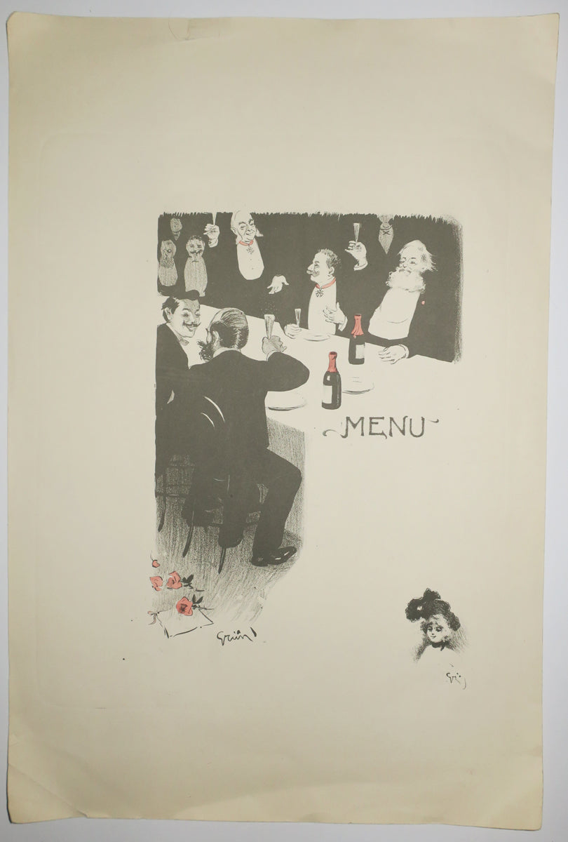 Menu. (Hommes, assis à une table, trinquant).