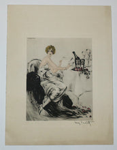 Charger l'image dans la galerie, Menu illustré en couleurs d'après Louis Icart (Jeune femme assise à table, un menu à la main).