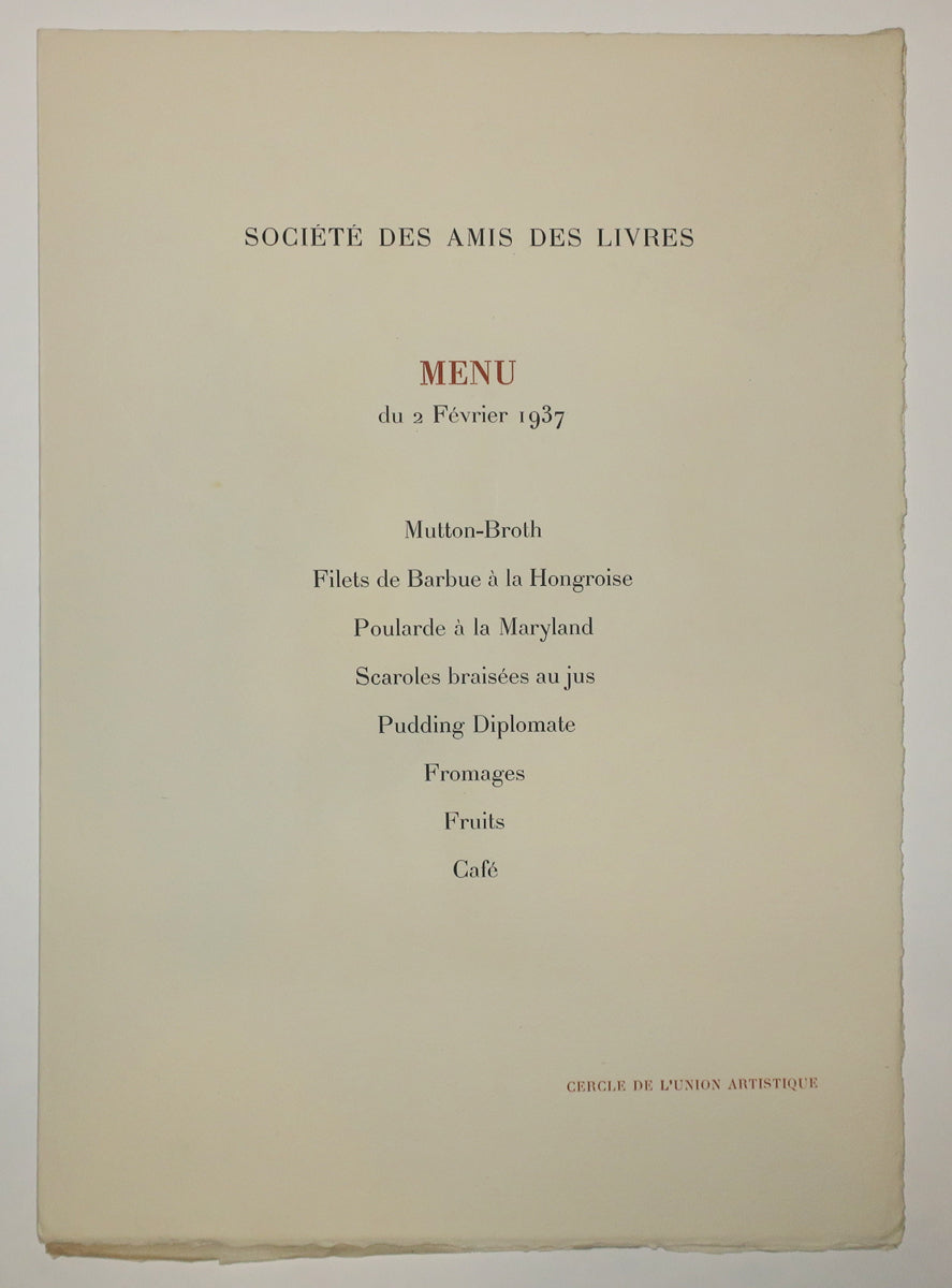 Menu pour la Société des Amis des livres, Cercle de l'Union Artistique, le 2 février