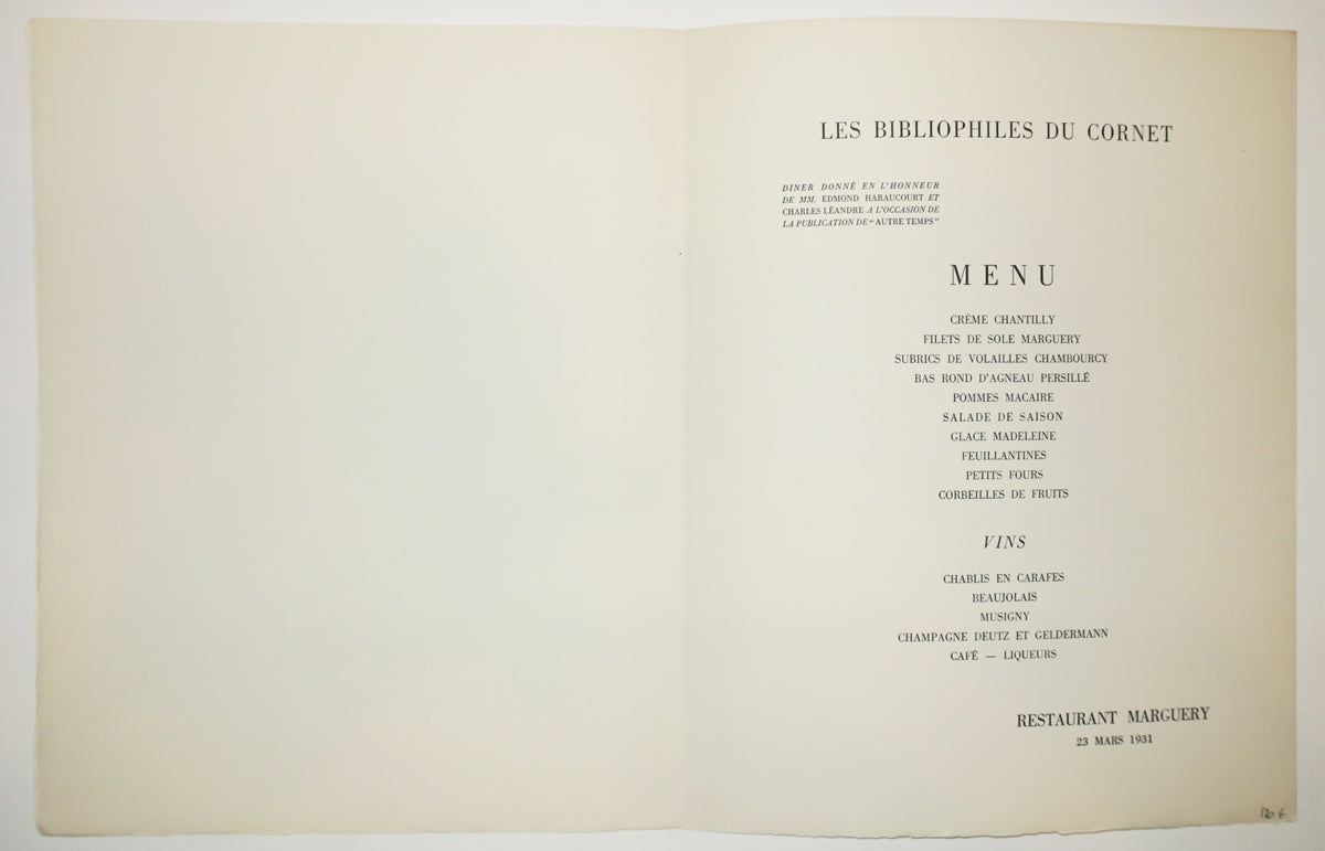 Menu pour les Bibliophiles du Cornet, Dîner donné en l'honneur de MM. Edmond Haraucourt et Charles Léandre à l'occasion de la Publication de