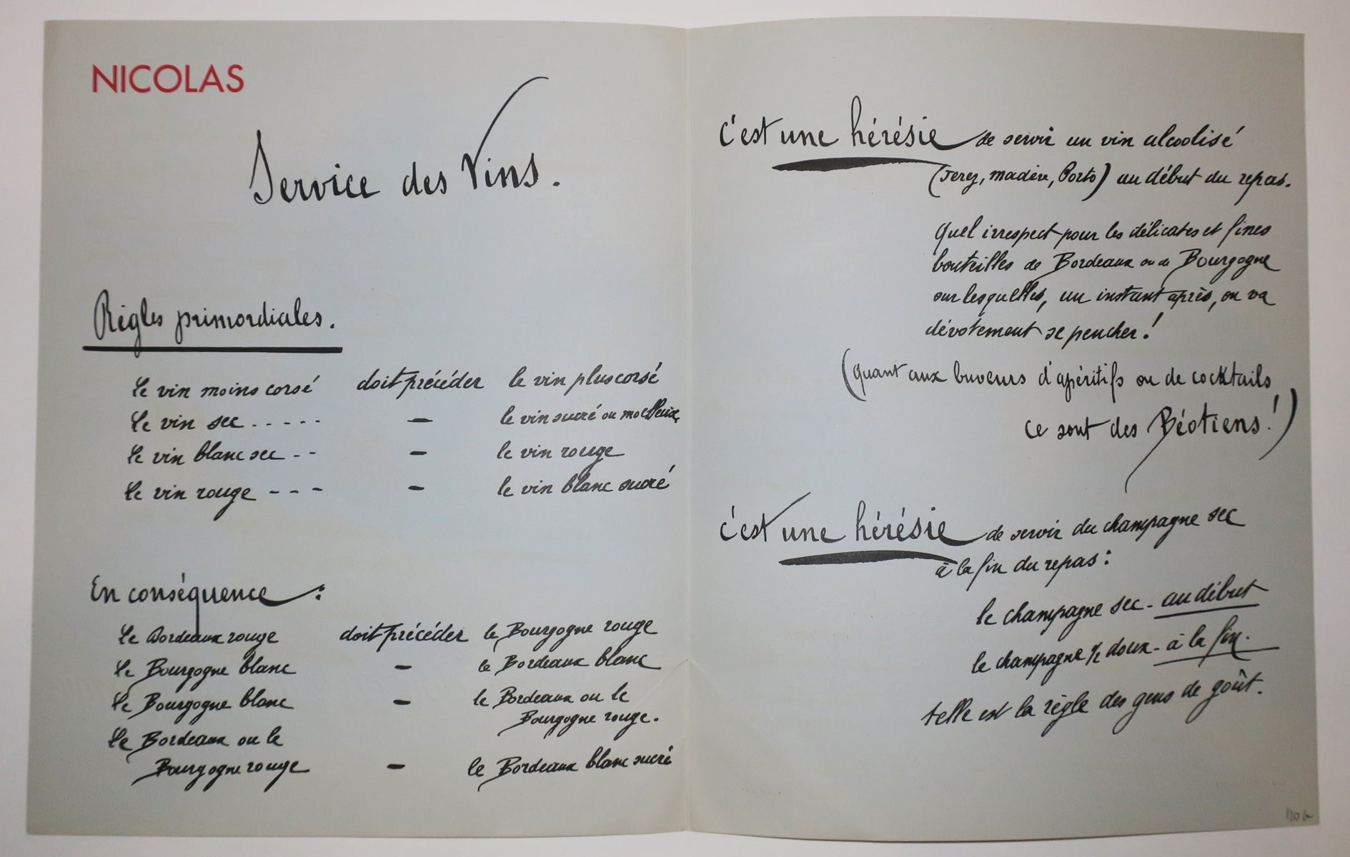 Carte des Vins de chez Nicolas.