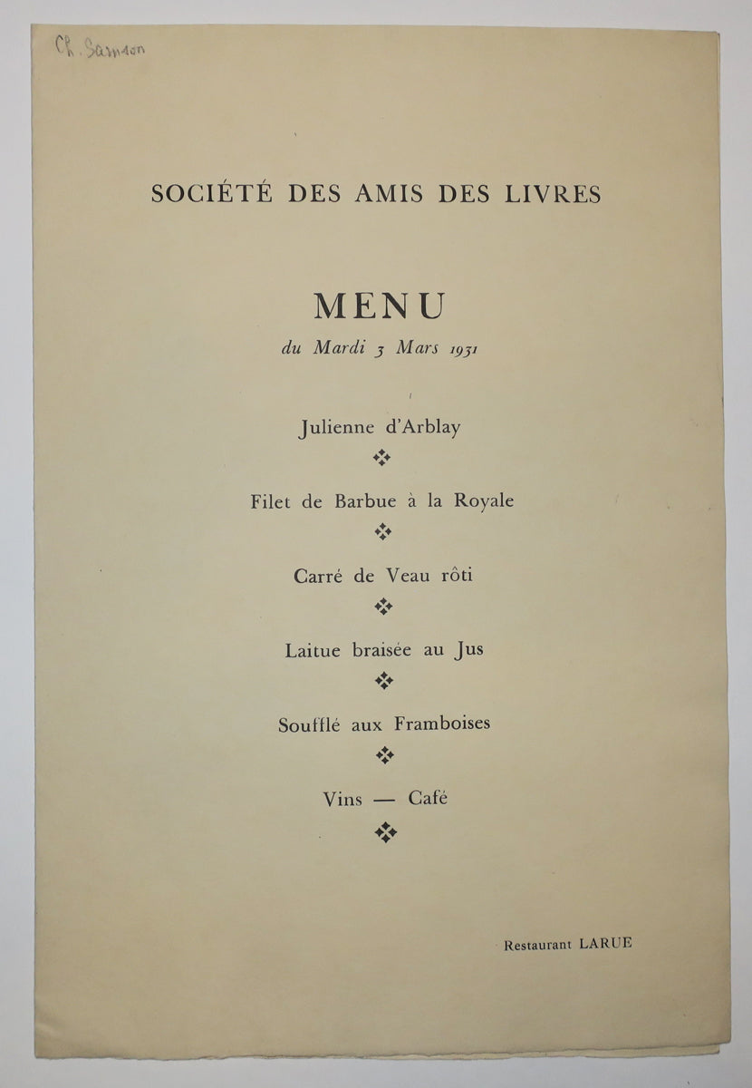 Menu pour la Société des Amis des livres, au Restaurant Larue, le Mardi 3 mars
