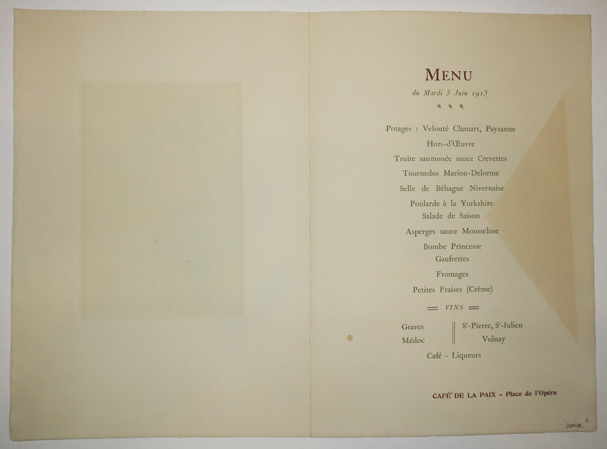 Menu pour la Société des Amis des Livres, au Café de la Paix, Place de l'Opéra, le Mardi 3 Juin