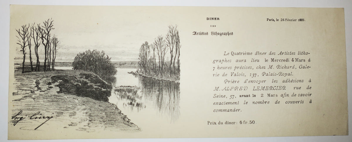 Invitation pour le Quatrième Dîner des Artistes Lithographes Français, le Mercredi 4 mars 1885 à 7 heures, chez M. Richard, Galerie de valois, 137, Palais-Royal.