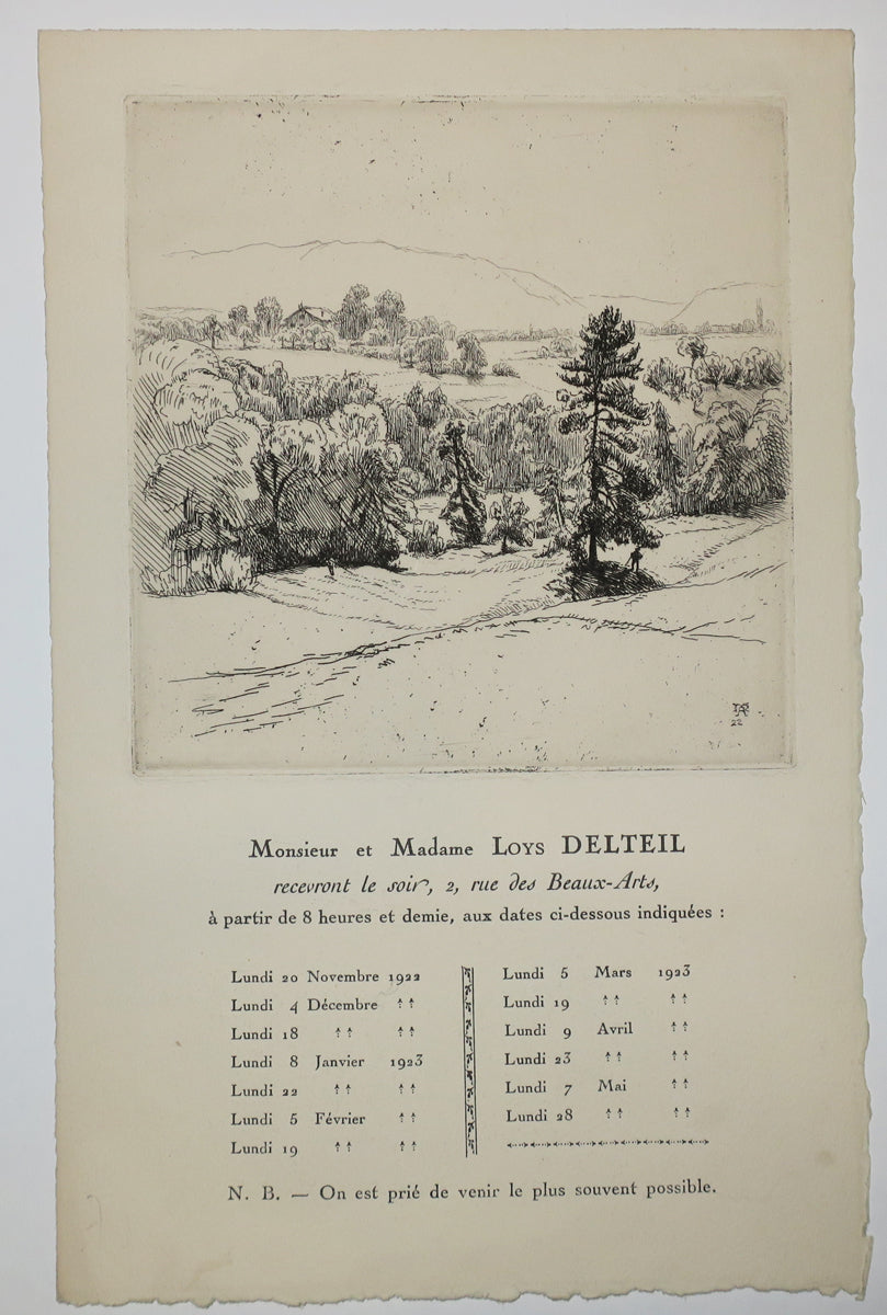 Invitation aux Réunions du soir de Mr et Mme Loys Delteil, au 2 rue des Beaux-Arts, de novembre 1922 à mai 1923.