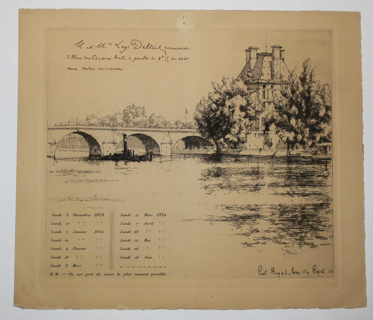 Invitation aux Réunions du soir de Mr et Mme Loys Delteil, au 2 rue des Beaux-Arts, de décembre 1923 à juin 1924.