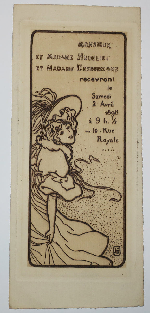 Invitation de Monsieur Hudelist et Madame Desbuissons qui recevront le Samedi 2 avril 1898 à 9h1/2, 10 Rue Royale.
