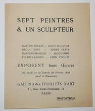 Charger l'image dans la galerie, Invitation pour l'Exposition "Sept peintres & un sculpteur" à la Galerie des Feuillets d'Art, 11 rue Saint-Florentin, à Paris, du lundi 16 au samedi 28 février
