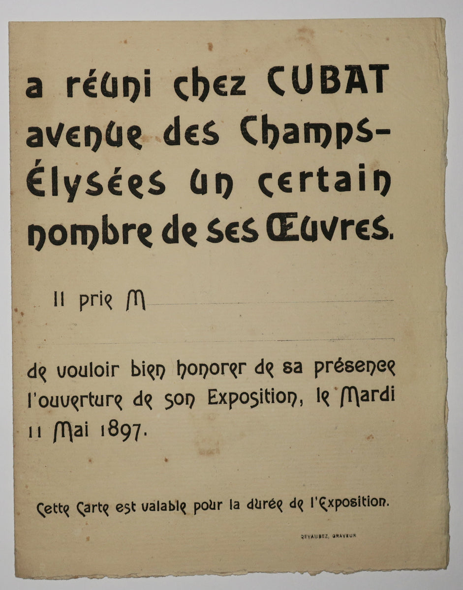 Carte d'invitation pour l'Exposition Louis Anquetin, le mardi 11 mai 1897, chez Cubat, Avenue des Champs-Elysées.