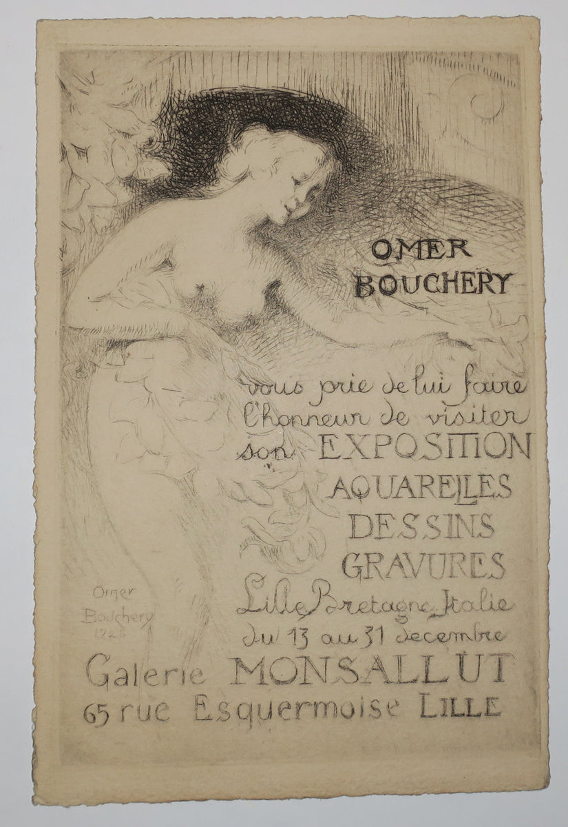 Omer Bouchery vous prie de lui faire l'honneur de visiter son Exposition Aquarelles, Dessins, Gravures Lille, Bretagne, Italie du 13 au 31 décembre, Galerie Monsallut, 65 rue Esquermoise, Lille.