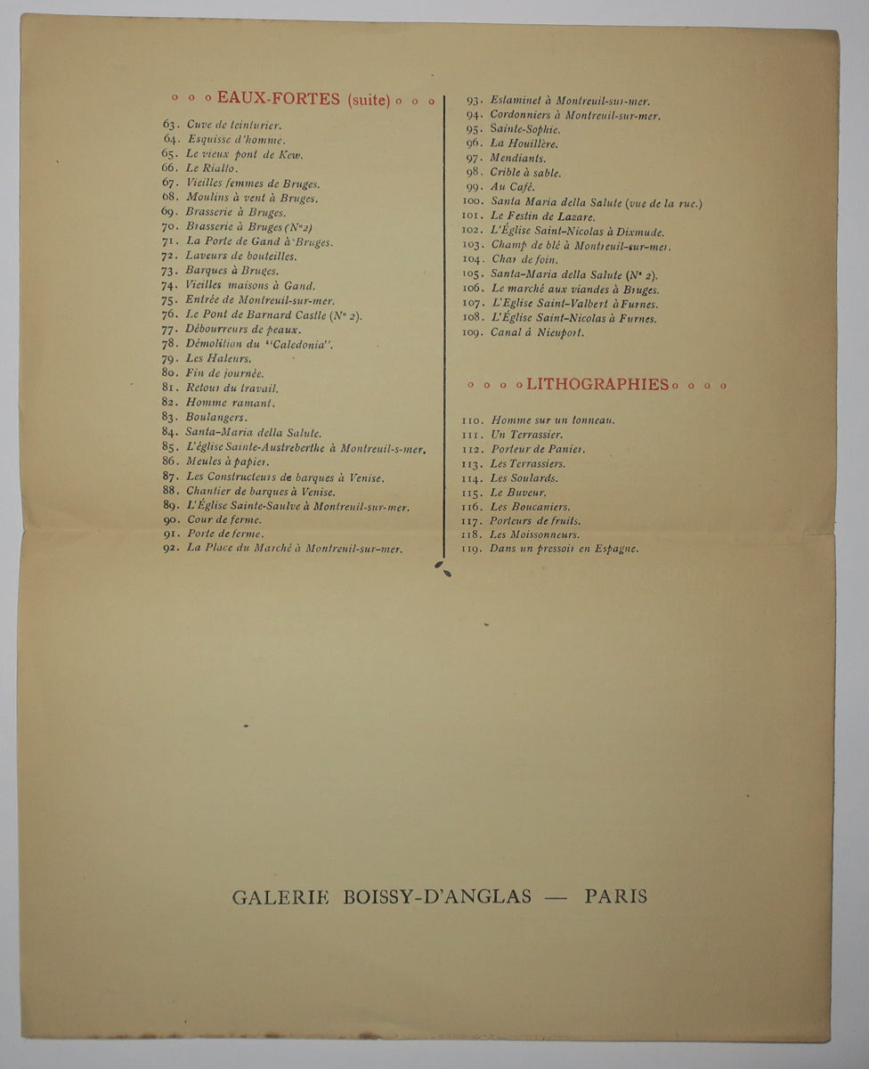 La Galerie d'Art Décoratif vous prie de bien honorer de votre visite l'Exposition de Peintures, Dessins, Eaux-fortes et Lithographies, de Frank Brangwyn, chez MM. De Feure et Landau, 39 rue Boissy-d'Anglas, du 27 janvier au 20 février 1909. (Invitation et Catalogue).