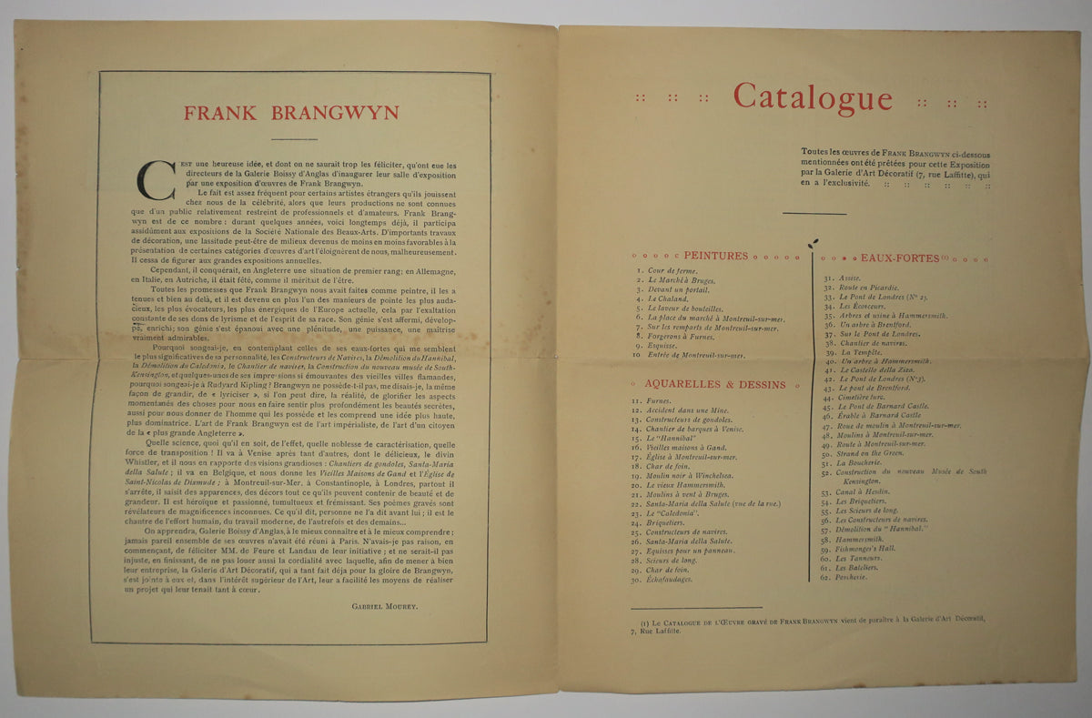 La Galerie d'Art Décoratif vous prie de bien honorer de votre visite l'Exposition de Peintures, Dessins, Eaux-fortes et Lithographies, de Frank Brangwyn, chez MM. De Feure et Landau, 39 rue Boissy-d'Anglas, du 27 janvier au 20 février 1909. (Invitation et Catalogue).