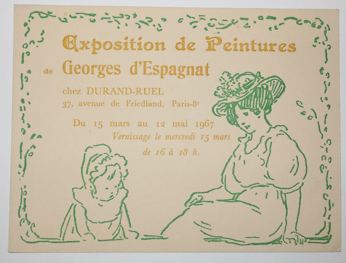 Invitation pour l'Exposition de Peintures de Georges d'Espagnat, chez Durand-Ruel, 37 avenue de Friedland, Paris 8ème, du 15 mars au 12 mai 1967. Vernissage le mercredi 15 mars de 16h à 18h.