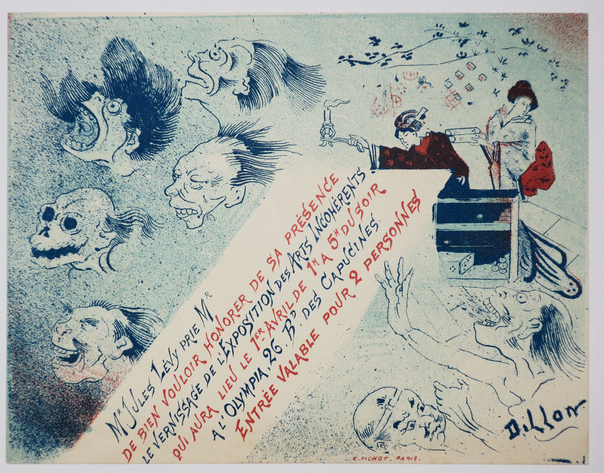 Carton d'invitation au vernissage de l'exposition des Arts Incohérents qui aura lieu le 1er avril de 1h à 5h du soir à l'Olympia, 26 Bd des Capusines. Entrée valable pour 2 personnes. (Têtes difformes et deux japonaises).
